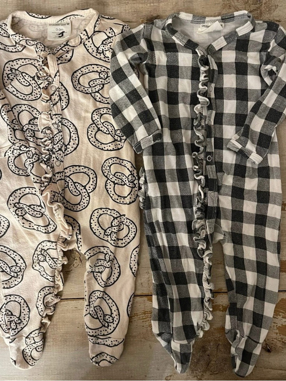 Two Spearmint Love ruffle rompers 0-3mo